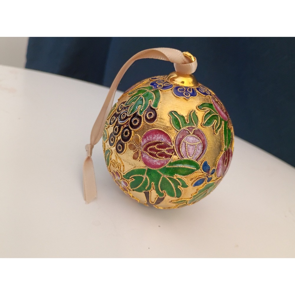 Vintage Cloisonne Enamel Christmas Ornament Gold Floral Pomegranate Grape Bauble - Picture 3 of 3